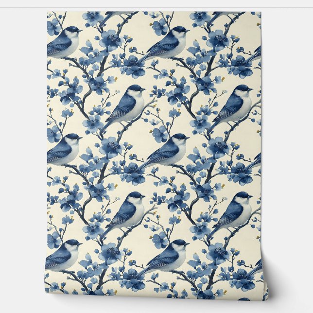 Papier Peint Vintage Delft Blue Little Birds Chinoiserie (Déroulement)