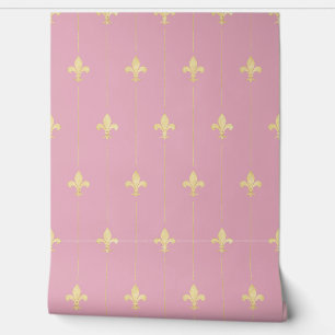 Papier Peint Vintage Gold Fleur-de-Lis Dusky Pink (petite échel