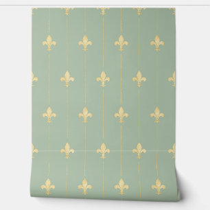 Papier Peint Vintage Gold Fleur-de-Lis Sage (petite échelle)