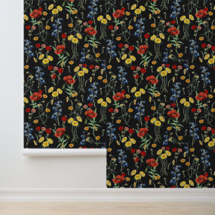 Papier Peint Vintage moderne Boho Fleurs sauvages Noir