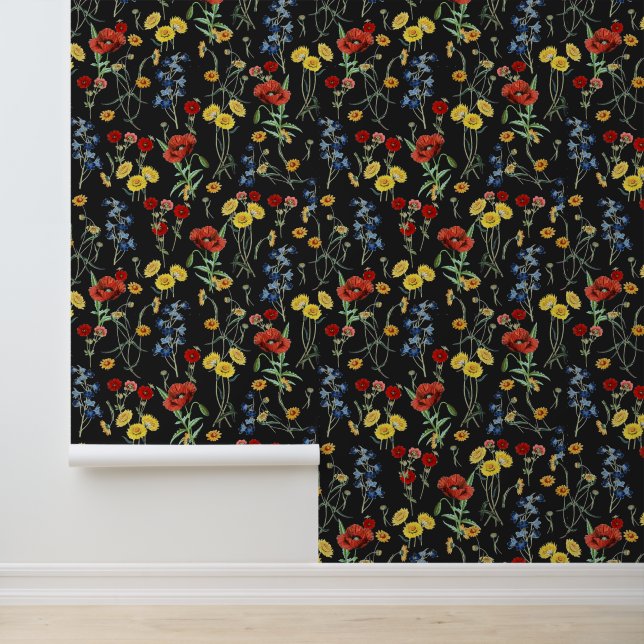 Papier Peint Vintage moderne Boho Fleurs sauvages Noir (Application)