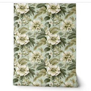 Papier Peint Vintage shabby chic vert floral et roses d'ivoire