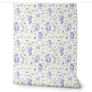 Papier Peint Vintages Anges cupides Floral Baby Toile Bleu