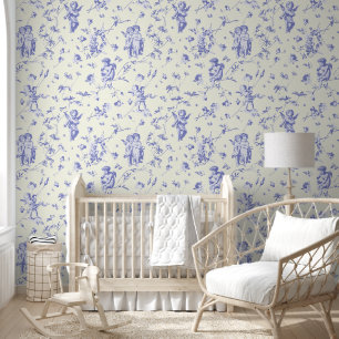 Papier Peint Vintages Anges cupides Floral Baby Toile Bleu