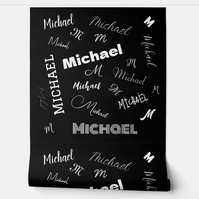 Papier Peint Votre nom et monogramme motif personnalisé noir (Déroulement)