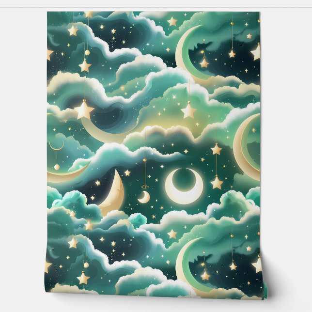 Papier Peint Wallpaper - Mint Green Celestial Moon Design (Déroulement)