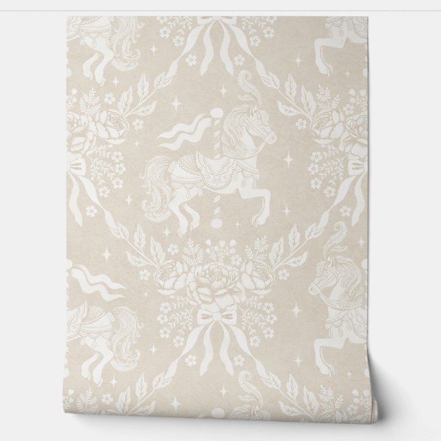 Papier Peint Warm Neutral Beige Rococo Carousel Horses Florals (Déroulement)