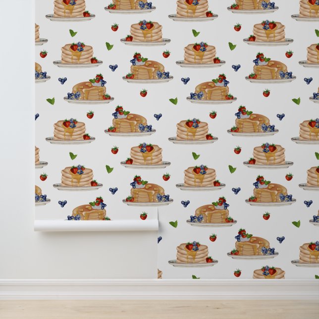 Papier Peint Watercolor Pancakes Berries Breakfast Kitchen (Application)