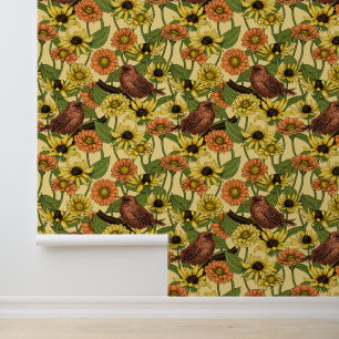 Papier Peint Wens et fleurs sur jaune pâle