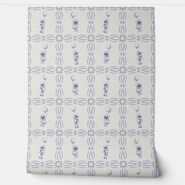 Papier Peint Whimsical faux crackle blue Delft style nursery (Déroulement)