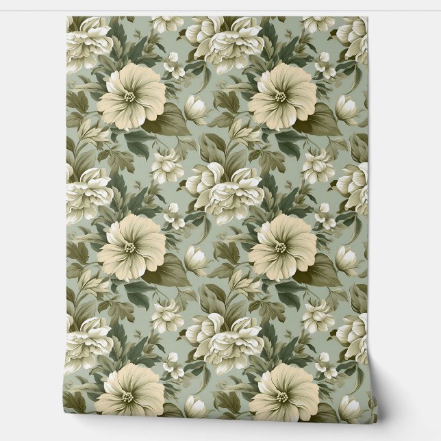 Papier Peint Whimsical Shabby chic sauge vert fleurs blanches (Déroulement)
