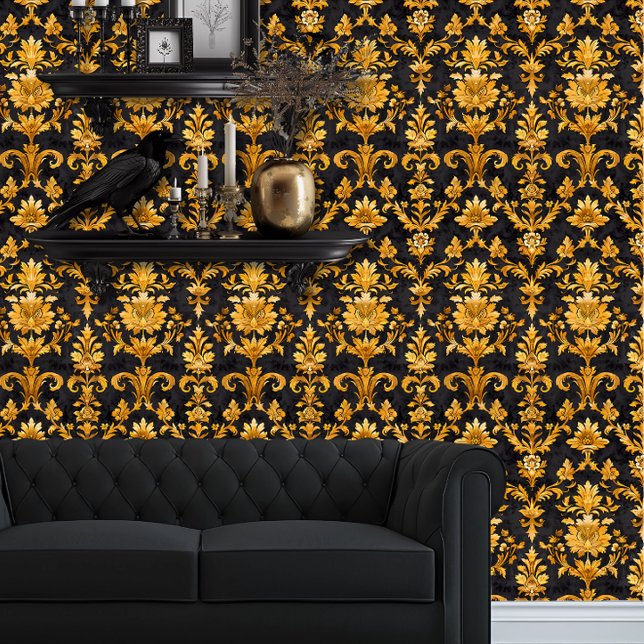 Papier Peint Whimsigoth Black and Gold Détaillé (Whimsigoth Yellow Damask on Black wallpaper behind a black couch.)