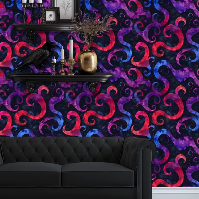 Papier Peint Whimsigoth Rouge, Cyan et Purple Funky (Whimsigoth Purple, Red, & Cyan Swirls wallpaper behind a black couch.)