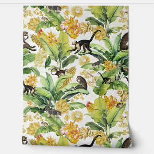 Papier Peint White Tropical Vintage Monkey Floral Rainforest
