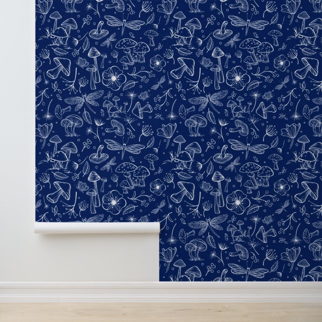 Papier Peint Wild Mushrooms on Navy (Application)