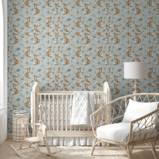 Papier Peint Winter Baby Deer with Earmuffs Snowflakes and Pine