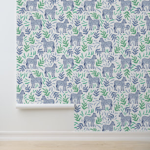 Papier Peint Zèbres de la Marine avec Verdure Verte et Bleue /