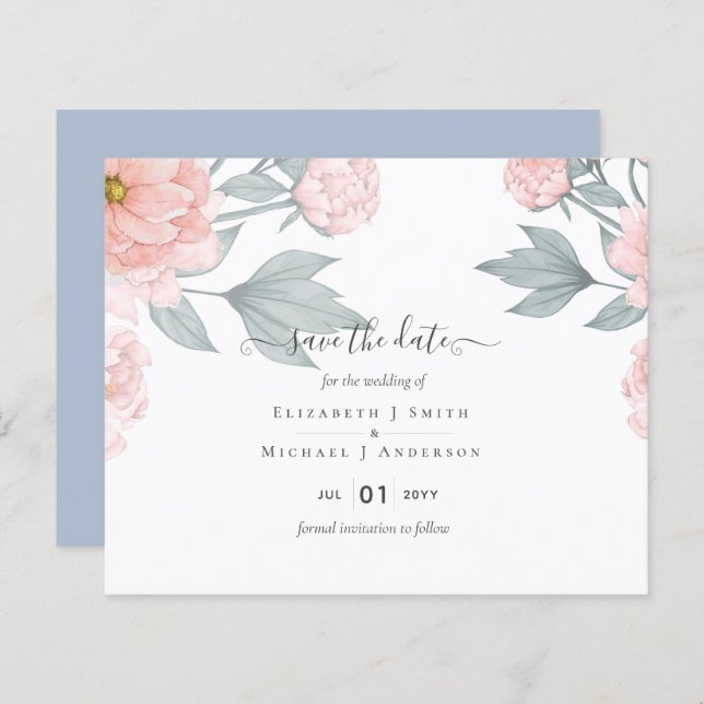 Papier PÉONIES BUDGÉTAIRES Mariage Peach Sage rose (Devant / Derrière)