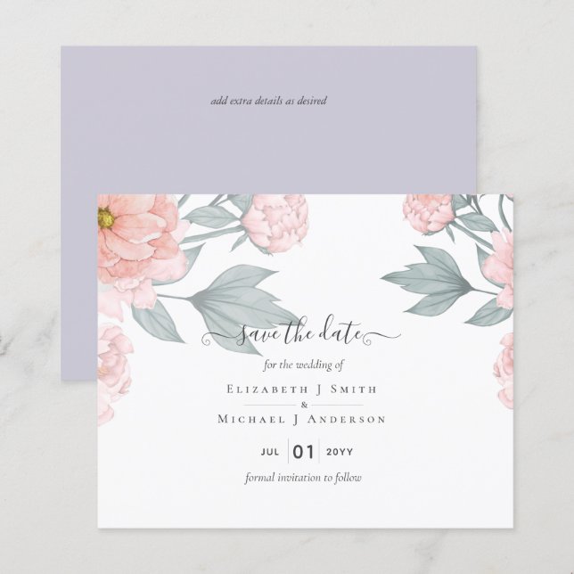 Papier PÉONIES BUDGÉTAIRES Mariage Peach Sage rose (Devant / Derrière)
