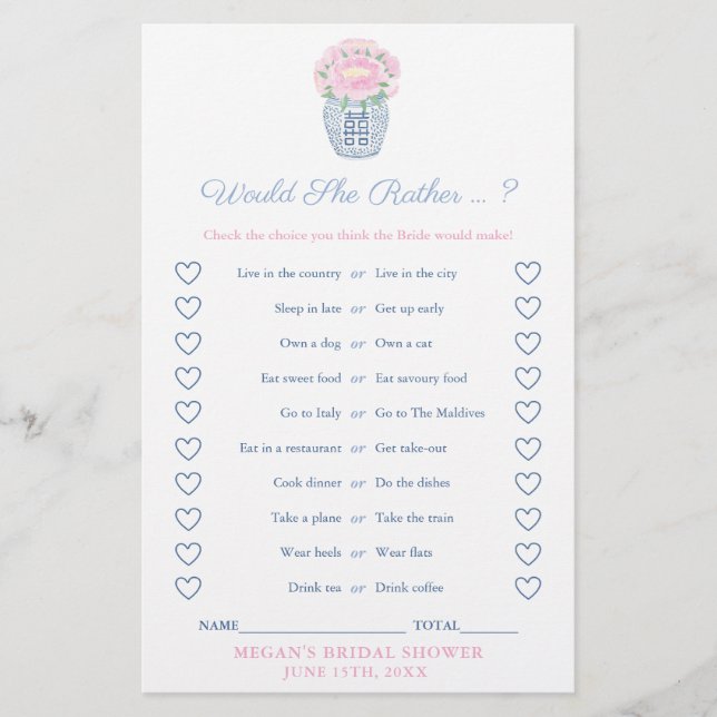 Papier Peonies Would She Rather Bridal Shower Game Card (Devant)
