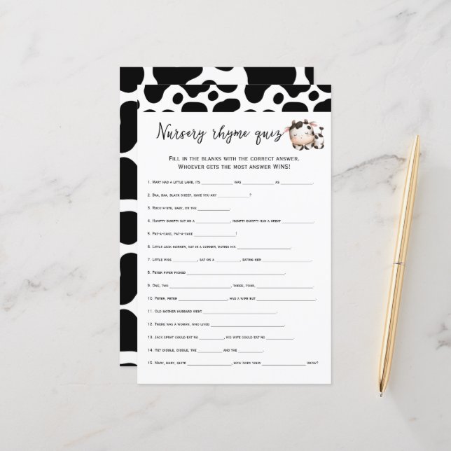 Papier pépinière de vache rimes quiz jeu de baby shower (Devant/Arrière en situation)