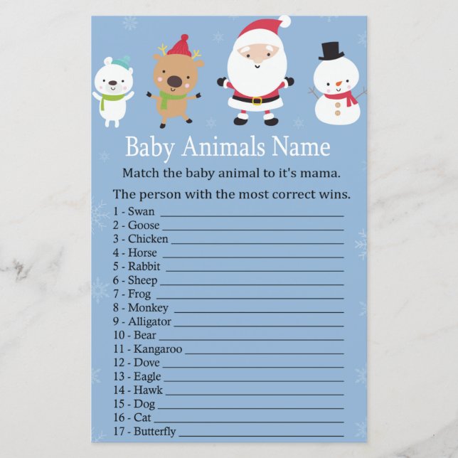 Papier Père Noël Bébé Animaux Nom baby shower de jeu (Devant)