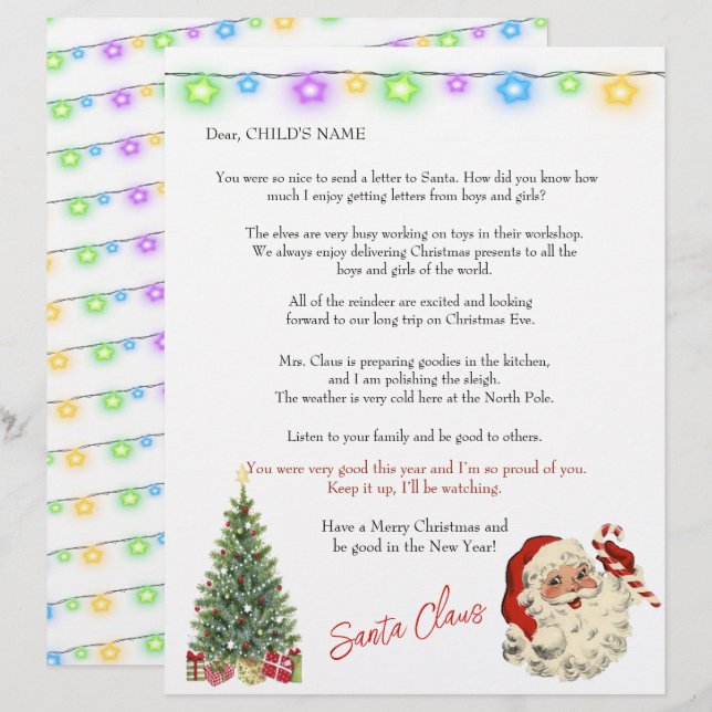Papier Père Noël Lettre aux enfants Feux de Noël Arbre (Devant / Derrière)