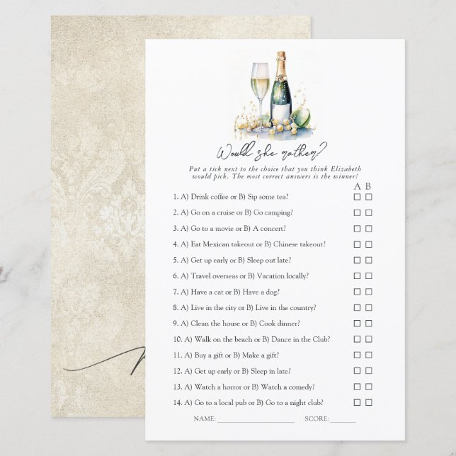Papier Perles et Prosecco Lequel Préfère-t-Elle ? Jeu de  (Devant / Derrière)