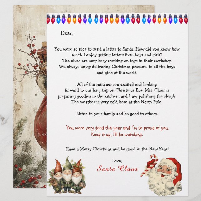 Papier Personal Letter From Santa Claus Lights Elves (Devant / Derrière)