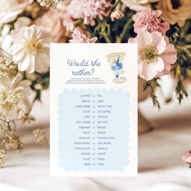 Papier Pétales bleues et le ministère public préférerait- (Would She Rather Blue Floral Bridal Shower Game)