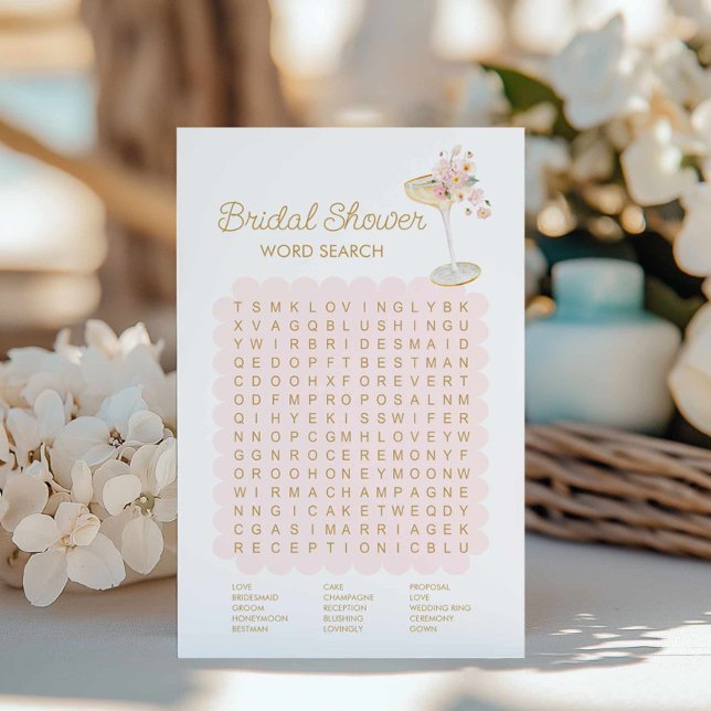 Papier Pétales et Parrain Recherche de mot Jeu nuptial (Bridal Shower Pink Champagne Word Search Game)