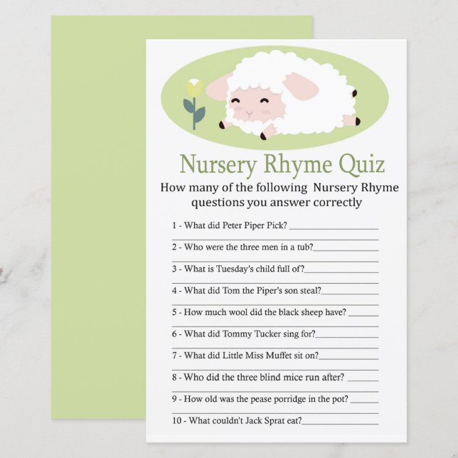 Papier Petit agneau Nursery Rhyme Quiz jeu de baby shower (Devant / Derrière)