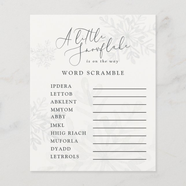 Papier petit flocon d'hiver baby shower mot scramble (Devant)