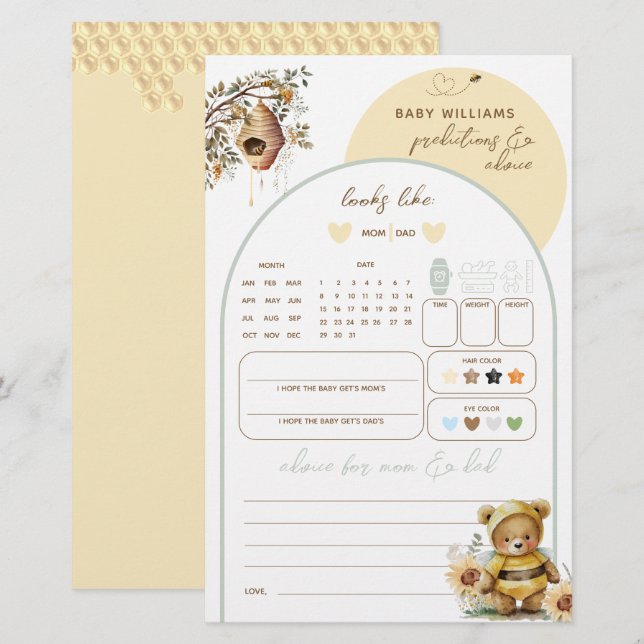 Papier Petit miel Ours Baby shower prédictions jeu (Devant / Derrière)
