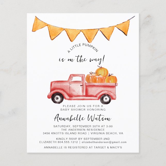 Papier Petite Citrouille Rustic Automne Baby shower Invit (Devant)