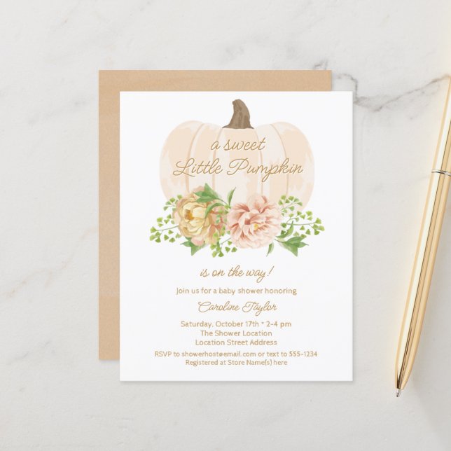 Papier Petite Crème Citrouille Florale Baby shower Invita (Devant/Arrière en situation)