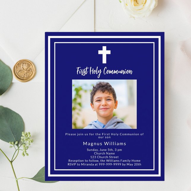 Papier Photo bleu marine Première communion invitation (Créateur téléchargé)