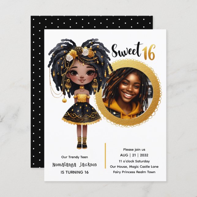 Papier PHOTO Douce 16 Ans Anniversaire Fille Noire Or Noi (Devant / Derrière)