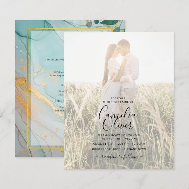 Papier PHOTO FAIRE-PART DE MARIAGE or Turquoise LeahG (Devant / Derrière)