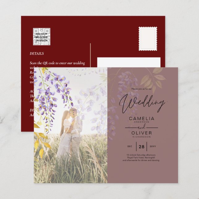 Papier PHOTO FAIRE-PART DE MARIAGE Wisteria BUDGET Floral (Devant / Derrière)