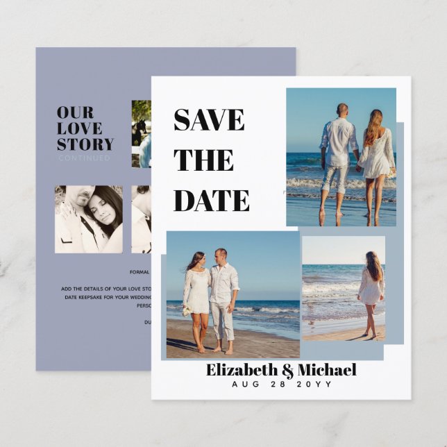 Papier Photo moderne Collage Enregistrer Dates Dusty Blue (Devant / Derrière)