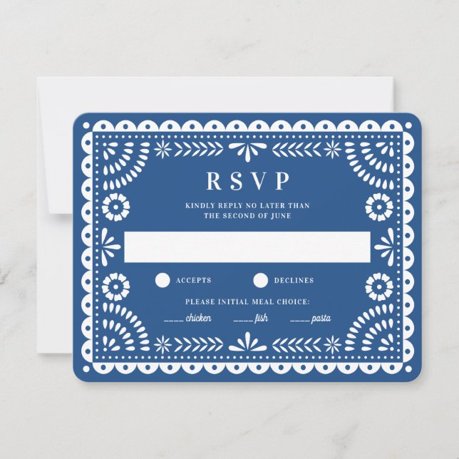 Papier Picado bleu | Carte RSVP de réponse Mariage (Devant)