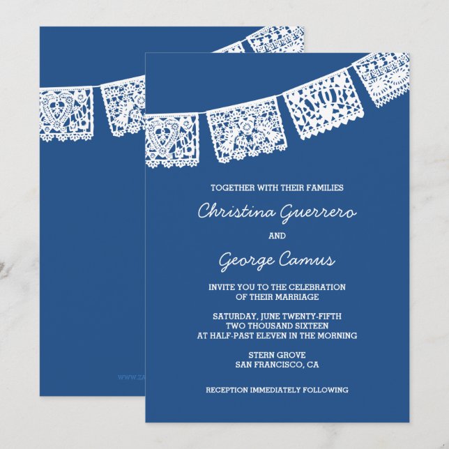 Papier Picado bleu | FAIRE-PART DE MARIAGE (Devant / Derrière)