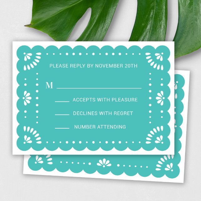 Papier Picado Style Carte RSVP mexicaine (Modern Papel Picado RSVP Card In Turquoise)