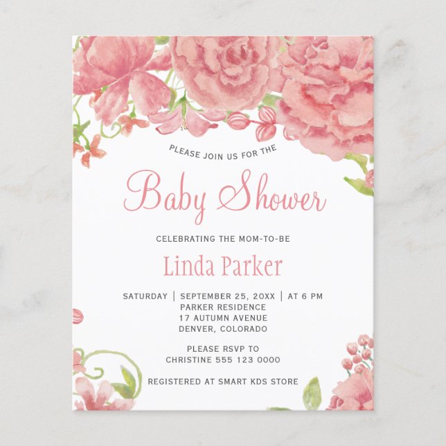 Papier Pies roses rustique budget baby shower invitation (Devant)
