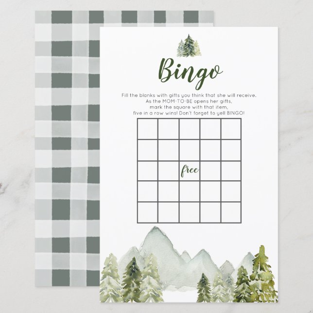 Papier Pine Tree Rustic Adventure Bingo Games Baby shower (Devant / Derrière)