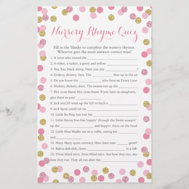 Papier Pink and Gold Baby shower Nursery Rhyme Quiz (Devant)