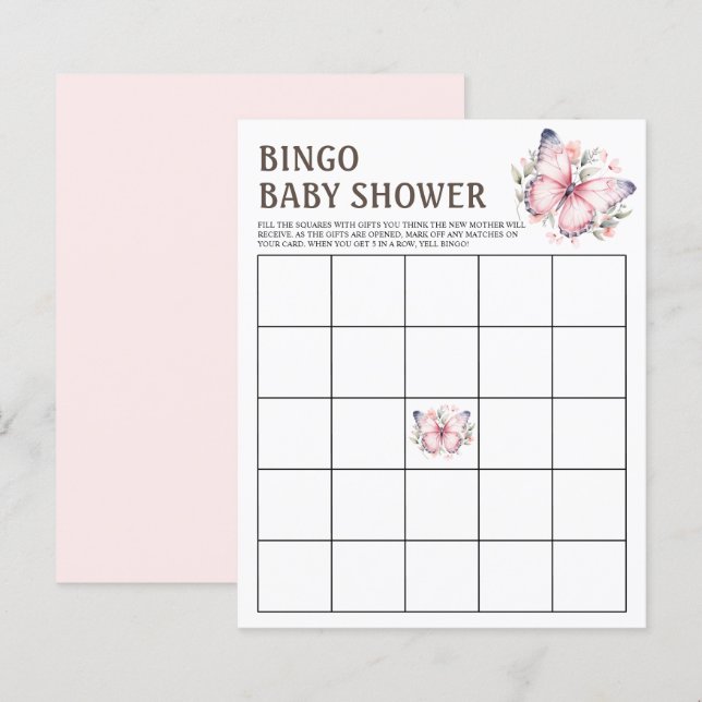 Papier Pink Aquarelle Papillon Baby shower Bingo Jeu (Devant / Derrière)