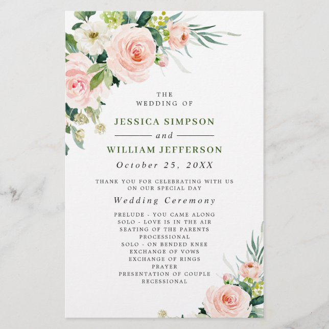 Papier Pink Blush Flowers Floral Mariage Cérémonie Progra (Devant)