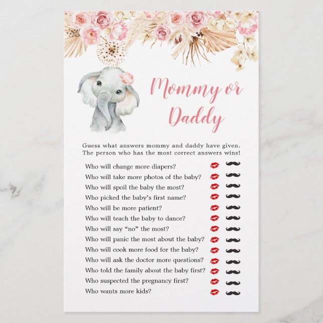 Papier Pink Boho Elephant Girl Baby shower maman ou papa (Devant)
